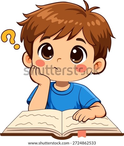 Cute cartoon boy reading a book with a thoughtful expression. Educational illustration for children, learning concepts, school projects, stickers, and educational stock designs.