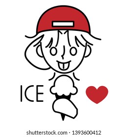Cute cartoon boy in red cap feeling happy and holding an ice cream in a waffle cone isolated on white background. Concept frozen desserts in summer. Vector illustration.
