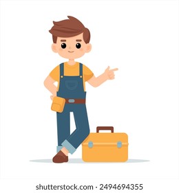 cute cartoon boy repairman with wrench. vector illustration