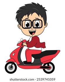 Cute Cartoon Boy Ride Motorcycle