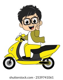 Cute Cartoon Boy Ride Motorcycle