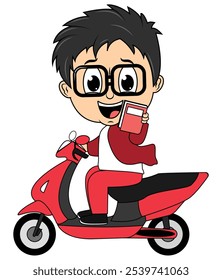 Cute Cartoon Boy Ride Motorcycle