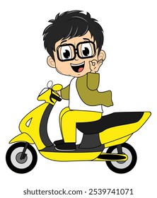 Cute Cartoon Boy Ride Motorcycle