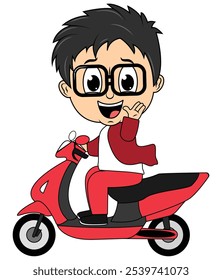 Cute Cartoon Boy Ride Motorcycle