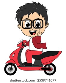 Motocicleta de passeio bonito do menino dos desenhos animados