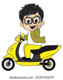 Cute Cartoon Boy Ride Motorcycle