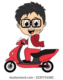 Cute Cartoon Boy Ride Motorcycle