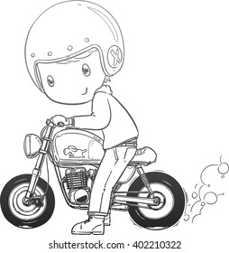 Cute cartoon boy ride motorcycle burning tire