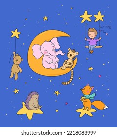 Cute cartoon boy rides on a swing. The child and his toys bear, tiger, fox. The little prince and his friends. Good night!
