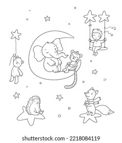 Cute cartoon boy rides on a swing. The child and his toys bear, tiger, fox. The little prince and his friends. Good night! Page for coloring book