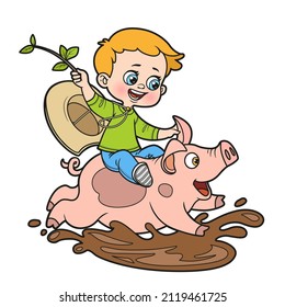 Cute cartoon boy riding a pig through the puddles color variation for coloring page on white background