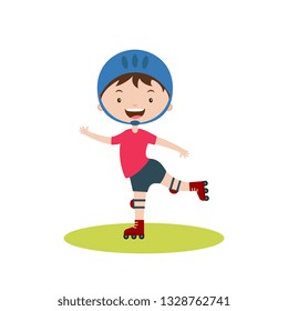 Cute cartoon boy rollerblading.Children physical activities outdoors.