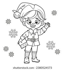 Cute cartoon boy in Santa Elf suit with a gift in hand outlined for coloring page on white background