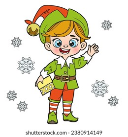 Cute cartoon boy in Santa Elf suit with a gift in hand color variation for coloring page on white background