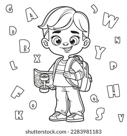 Cute cartoon boy with school backpack holding skateboard in hand outlined for coloring page on a white background