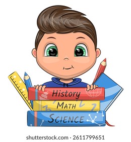 Cute cartoon boy with school books, pencils, notebook and measuring ruler. Vector illustration of a young man on a white background.