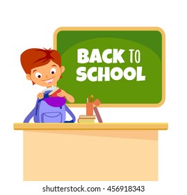 Cute cartoon boy at school classroom. Back to school text.Vector illustration isolated on white background