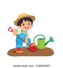 Cute Cartoon Boy With Shovel And Watering Can. Young Farmer Working In The Garden Colorful Simple Design Vector. Spring Gardening Vector.