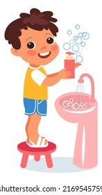 Cute cartoon boy showing hand soap and bubbles
