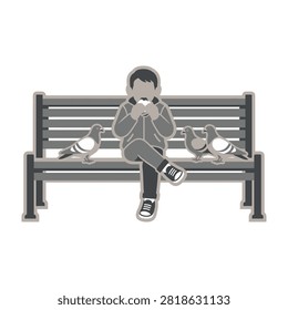 A cute cartoon boy sits on a wooden park bench, happily feeding pigeons. The illustration captures a moment of outdoor leisure and connection with nature in a city park setting.