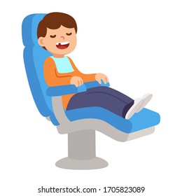 Cute Cartoon Boy Sitting In Dental Chair With Opened Mouth And Missing Or Broken Tooth. Funny Children At Dentist Visit, Isolated Clip Art Illustration.