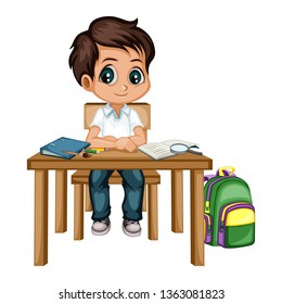 Cute Cartoon Boy Sitting at Desk with Different School Supplies. Little Student in Classroom Studying. Vector Illustration of a Pupil at the Table with Books, Copybook, Pencils and Backpack