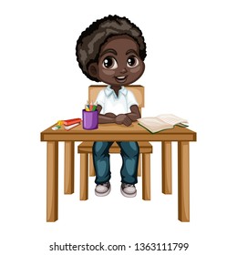 Cute Cartoon Boy Sitting at Desk with Different School Supplies. Little Student in Classroom Studying. Vector Illustration of a Pupil at the Table with Books, Copybook and Pencils 