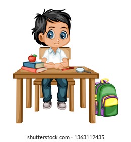 Cute Cartoon Boy Sitting Desk Different Stock Vector Royalty Free