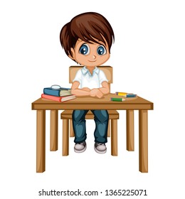 Cute Cartoon Boy Sitting at Desk with Different School Supplies. Little Student in Classroom Studying. Vector Illustration of a Pupil at the Table with Books, Copybook and Pencils 