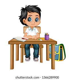 Cute Cartoon Boy Sitting at Desk with Different School Supplies. Little Student in Classroom Studying. Vector Illustration of a Pupil at the Table with Books, Copybook, Pencils and Backpack