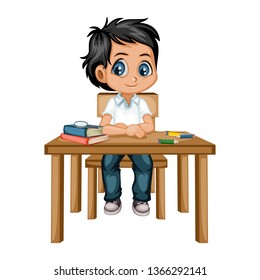 Cute Cartoon Boy Sitting at Desk with Different School Supplies. Little Student in Classroom Studying. Vector Illustration of a Pupil at the Table with Books, Copybook and Pencils 