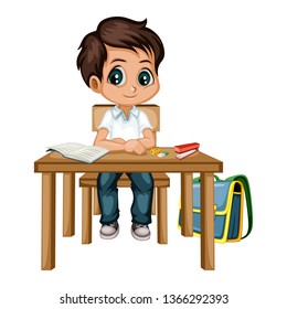 Cute Cartoon Boy Sitting at Desk with Different School Supplies. Little Student in Classroom Studying. Vector Illustration of a Pupil at the Table with Books, Copybook, Pencils and Backpack