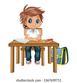 Cute Cartoon Boy Sitting at Desk with Different School Supplies. Little Student in Classroom Studying. Vector Illustration of a Pupil at the Table with Books, Copybook, Pencils and Backpack