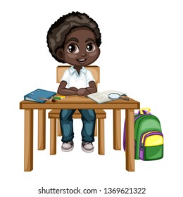 Cute Cartoon Boy Sitting at Desk with Different School Supplies. Little Student in Classroom Studying. Vector Illustration of a Pupil at the Table with Books, Copybook, Pencils and Backpack