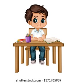 Cute Cartoon Boy Sitting at Desk with Different School Supplies. Little Student in Classroom Studying. Vector Illustration of a Pupil at the Table with Books, Copybook and Pencils 