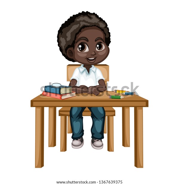 Cute Cartoon Boy Sitting Desk Different Stock Vector Royalty Free