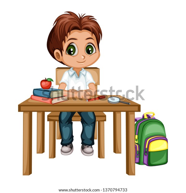 Cute Cartoon Boy Sitting Desk Different Stock Vector Royalty Free