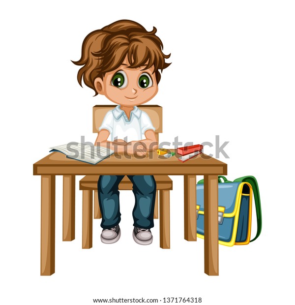 Cute Cartoon Boy Sitting Desk Different Stock Vector Royalty Free