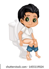 Cute Cartoon Boy Sitting on a Toilet. Little Kid Illustration Using a Toilet Vector Illustration Isolated on a White Background