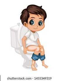 Cute Cartoon Boy Sitting on a Toilet. Little Kid Illustration Using a Toilet Vector Illustration Isolated on a White Background