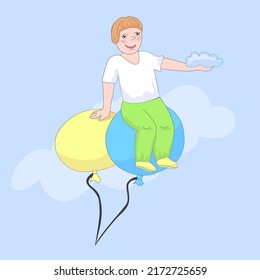 cute cartoon boy sitting on a ball flying through the sky.Character Design Illustration