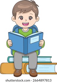 Cute cartoon boy sitting on a stack of books and reading happily. Perfect for concepts of reading, learning, education, and knowledge