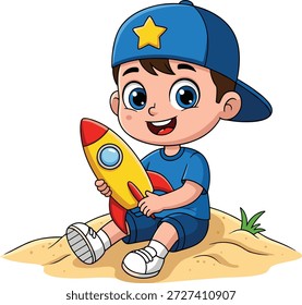 Cute cartoon boy sitting on sand holding a toy rocket, happy kid in blue cap smiling, perfect for children's vector illustrations, education