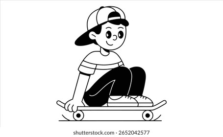 Cute Cartoon Boy Skateboarding Black and White Outline