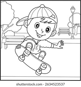 Cute cartoon boy skateboarding in a park, perfect for kids' printables, sports themes, and active lifestyle illustrations