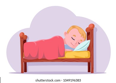 Cute cartoon boy sleep bed good dream rest character vector illustration