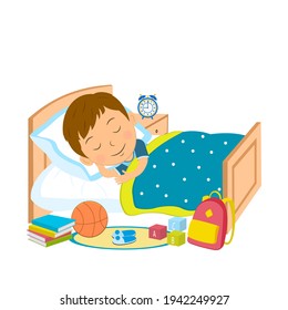 lindo niño de dibujos animados duerme en la cama, ilustración, vector