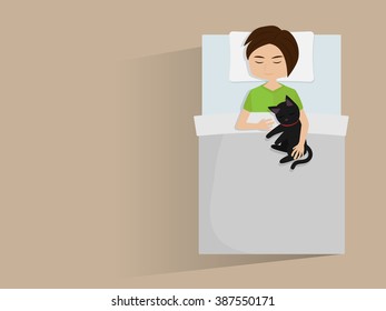 cute cartoon boy sleeping with cat in bed. vector