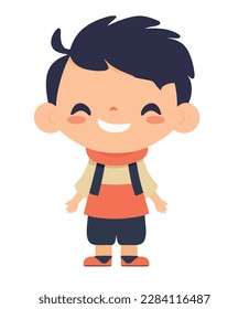 Niño de dibujos animados lindo sonriendo con una mochila sobre blanco