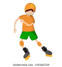 Cute cartoon boy smiling and riding roller skates. A child or kid doing sports, plays. Character on a white background. Vector, flat style and hand drawn texture, trendy noises.
